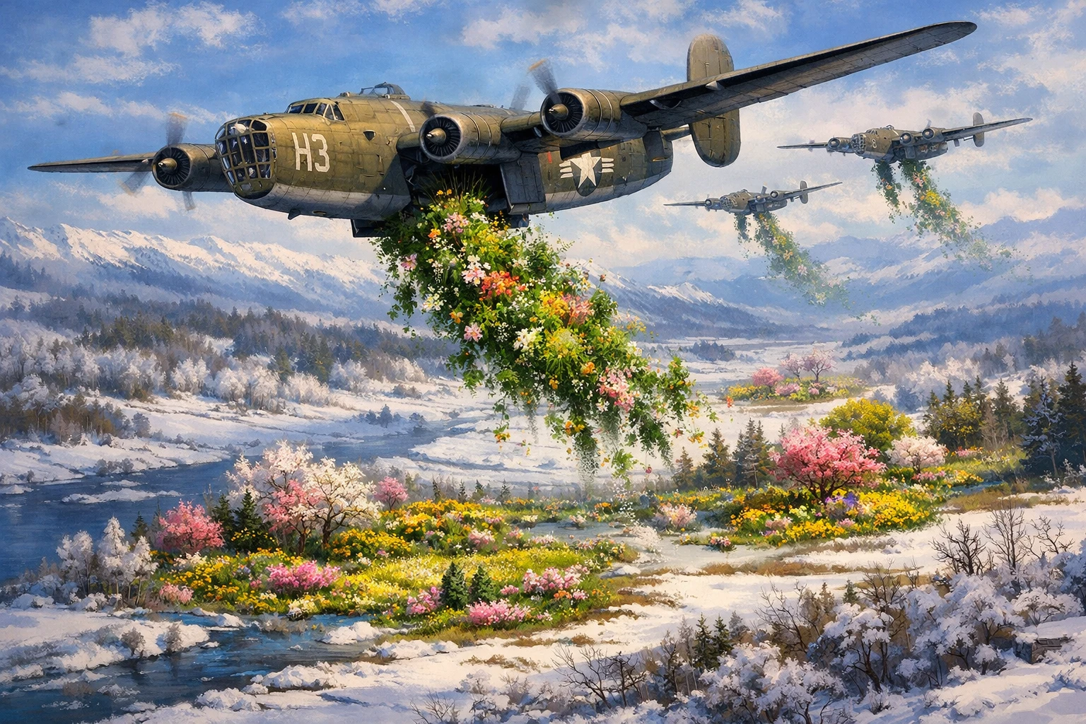 Bombardero de la Segunda Guerra Mundial derramando primavera sobre campos de invierno