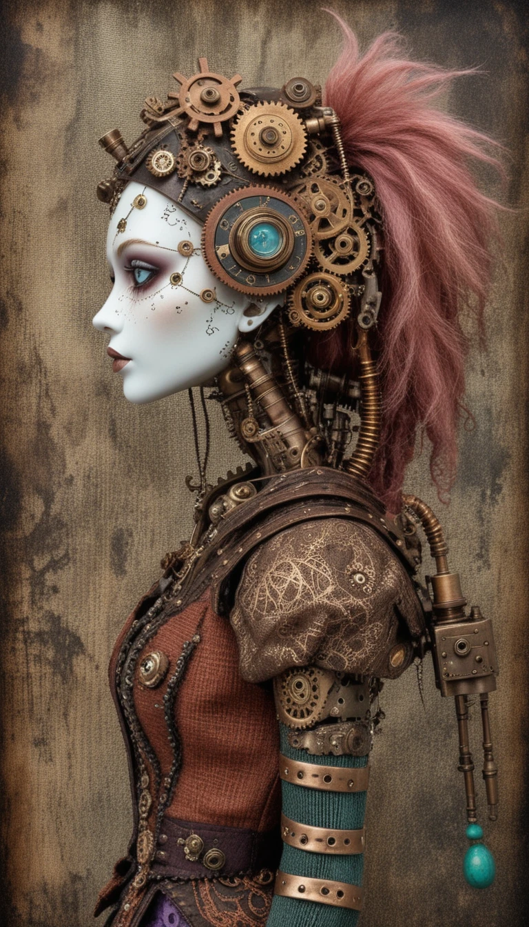 Mulher boneca de pano gótica steampunk em perfil lateral