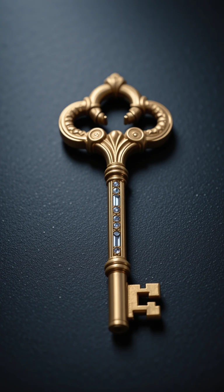 Golden vintage key with gemstones on dark matte surface