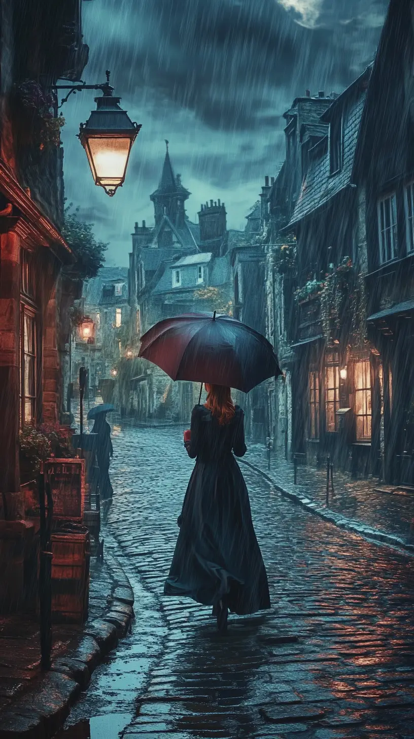 Steampunk woman on a rainy victorian street at moonlit night
