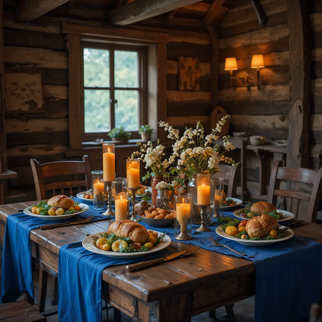 Intimate candlelit dinner table in a rustic wooden kitchen