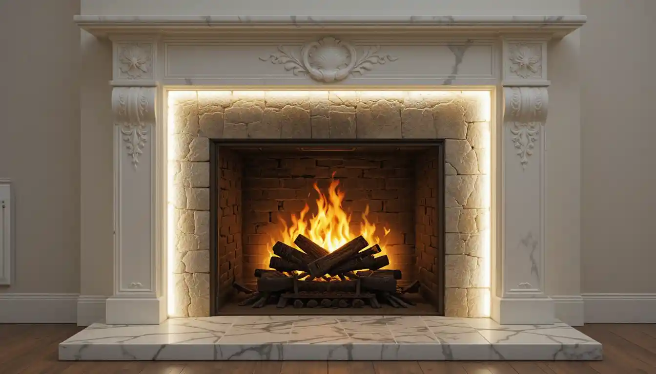Close up digital view of a fireplace with white edge pattern