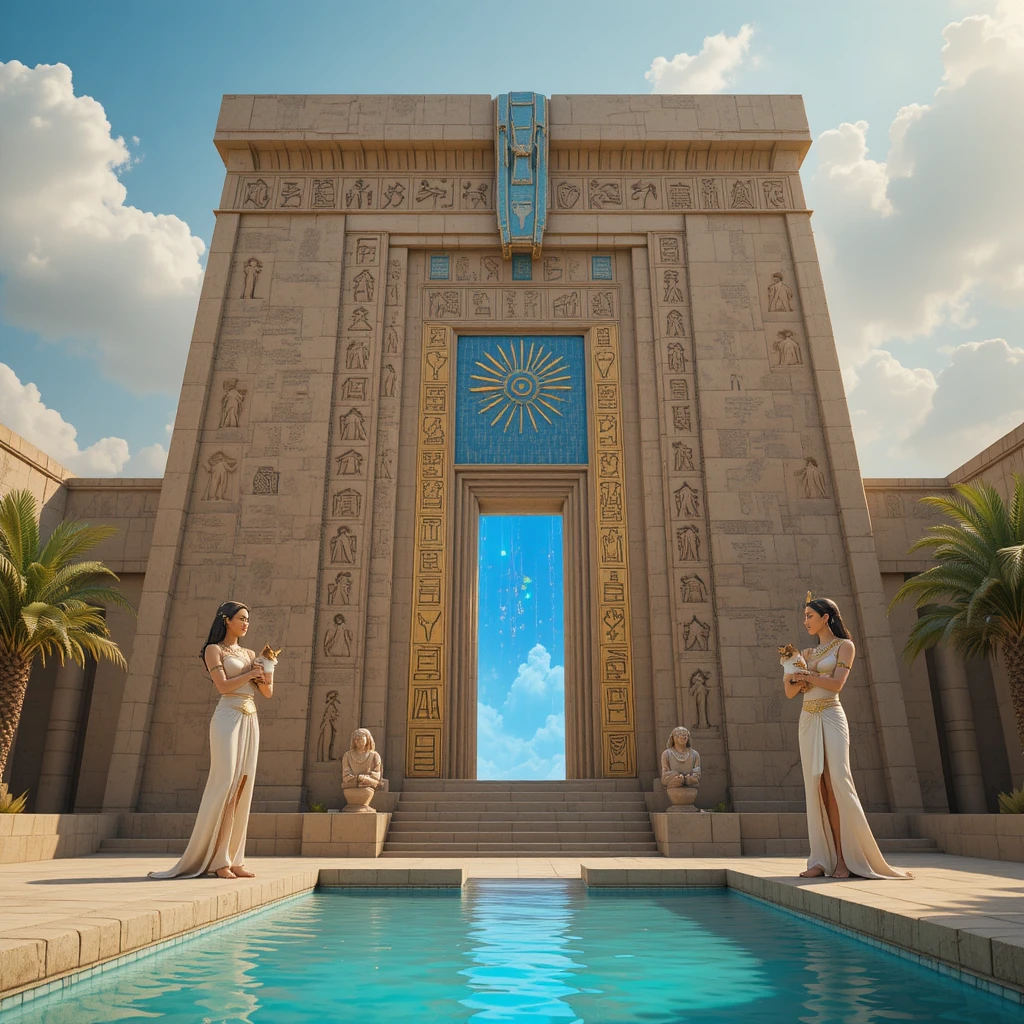 Elegant priestesses by a sacred Egyptian turquoise pool