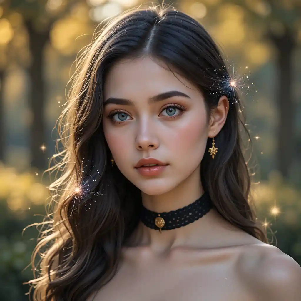 Young woman with blue eyes in dreamy outdoor portrait