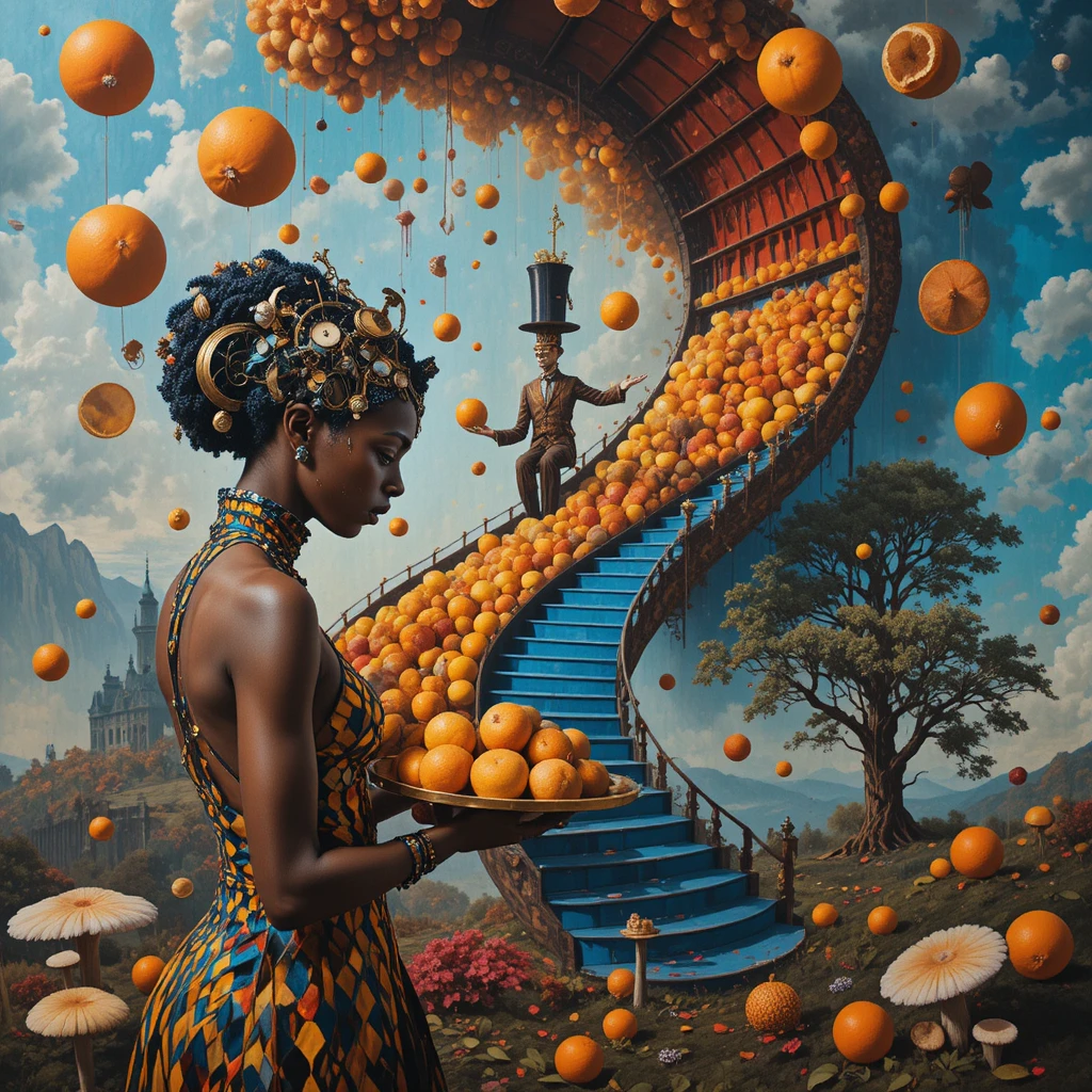 Surreal woman with citrus and mushrooms in theatrical profile