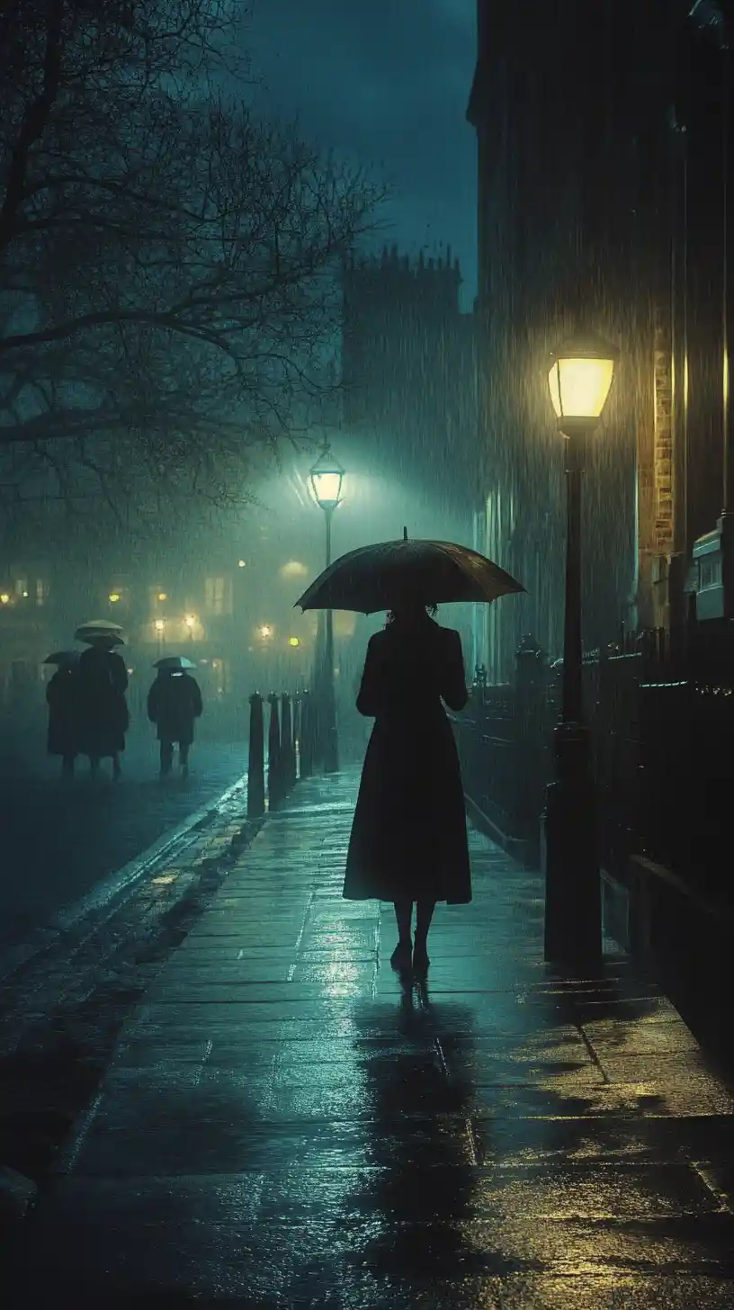 Woman with umbrella on rainy victorian london night street