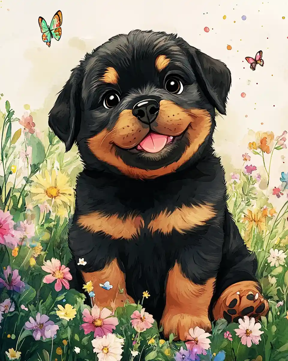 Dolce cucciolo di rottweiler in un prato fiorito e soleggiato