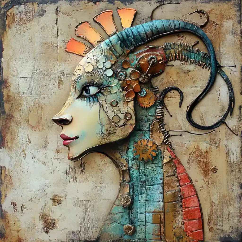 Mixed media profile portrait of a turquoise jewel eyed dragon