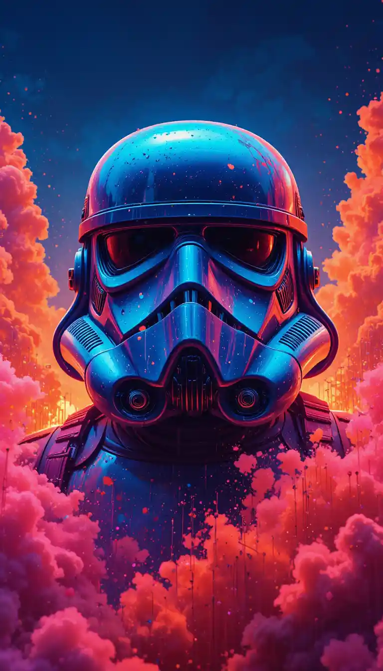 Neon stormtrooper helmet in vivid abstract digital art