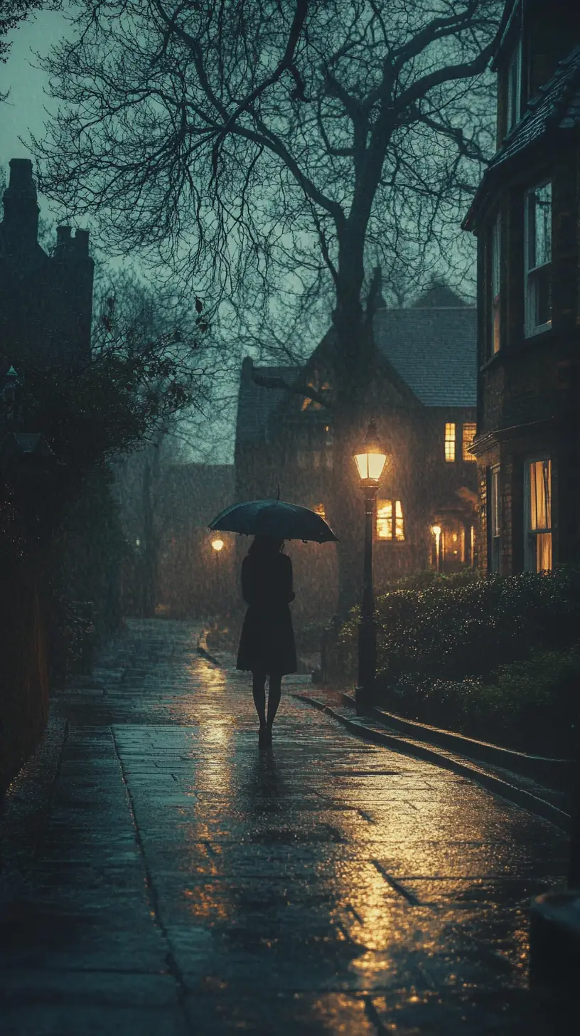 Woman with umbrella on rainy victorian london sidewalk at night