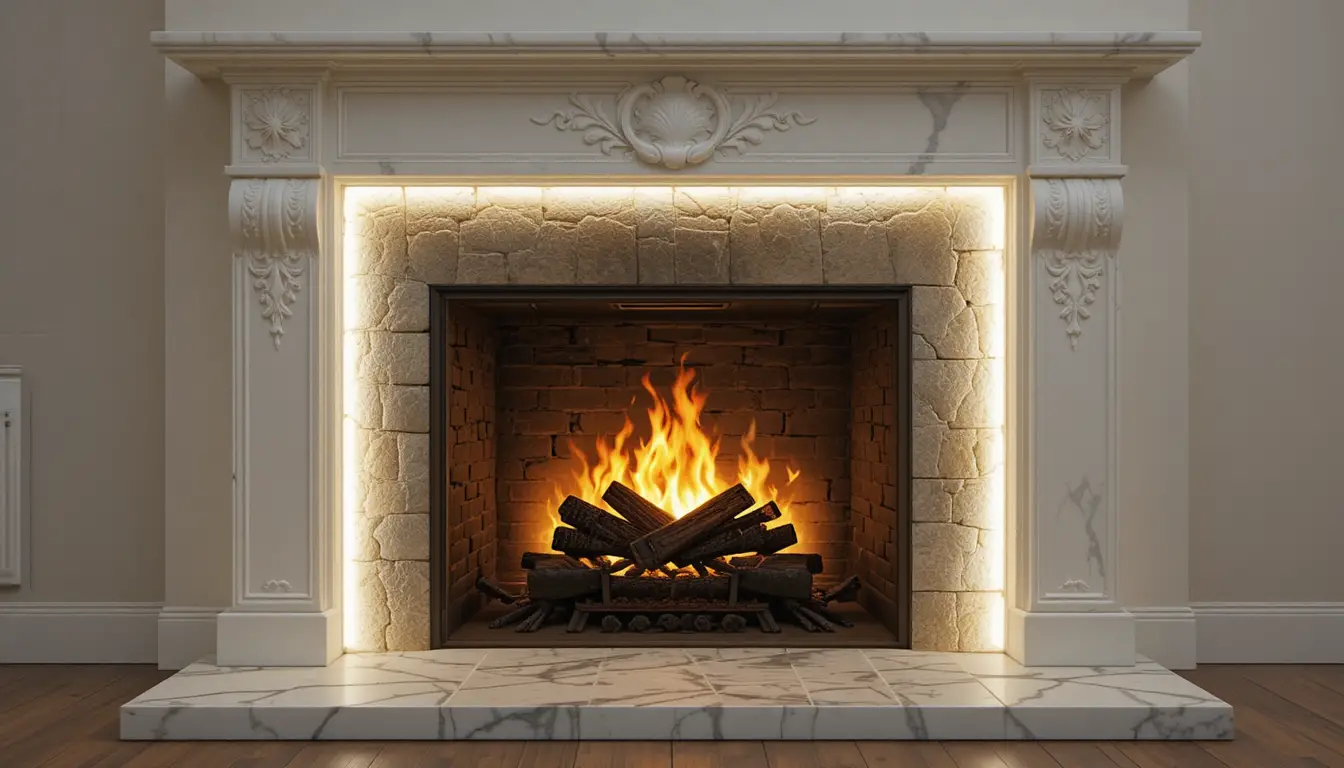 Close up digital view of a fireplace with white edge pattern