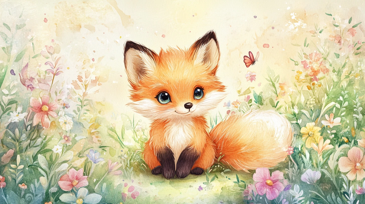 Cute baby fox in a sunny watercolor flower meadow