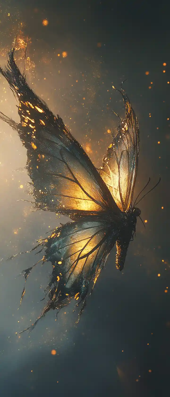 Mariposa desgarrada y translúcida elevándose en un cielo oscuro y surrealista