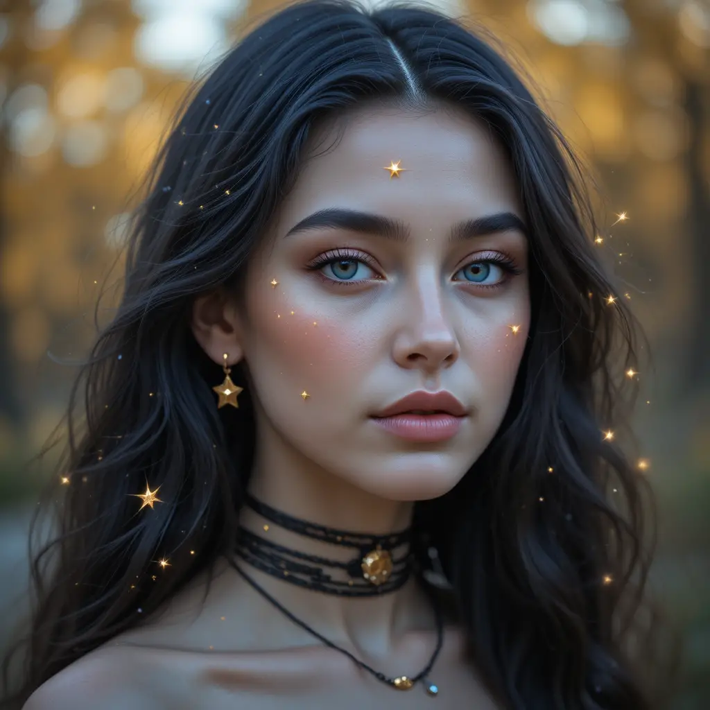Young woman with blue eyes in dreamy outdoor portrait