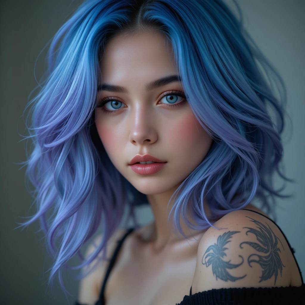 Junge Frau mit blauen Haaren aus der Nähe mit nachdenklichem Blick