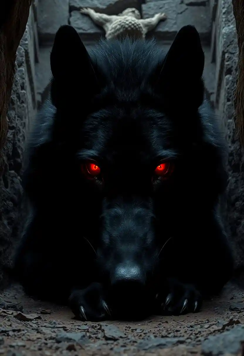 Giant black wolf with glowing red eyes in darkness