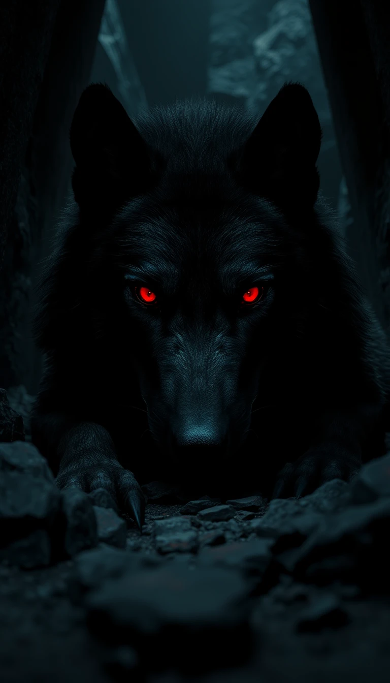 Gigantischer schwarzer Wolf mit glühend roten Augen in dunkler Höhle
