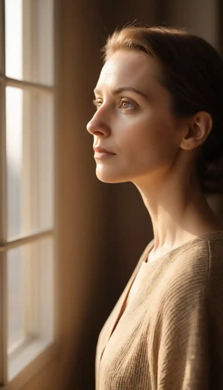 Thoughtful woman gazing toward warm window light indoors