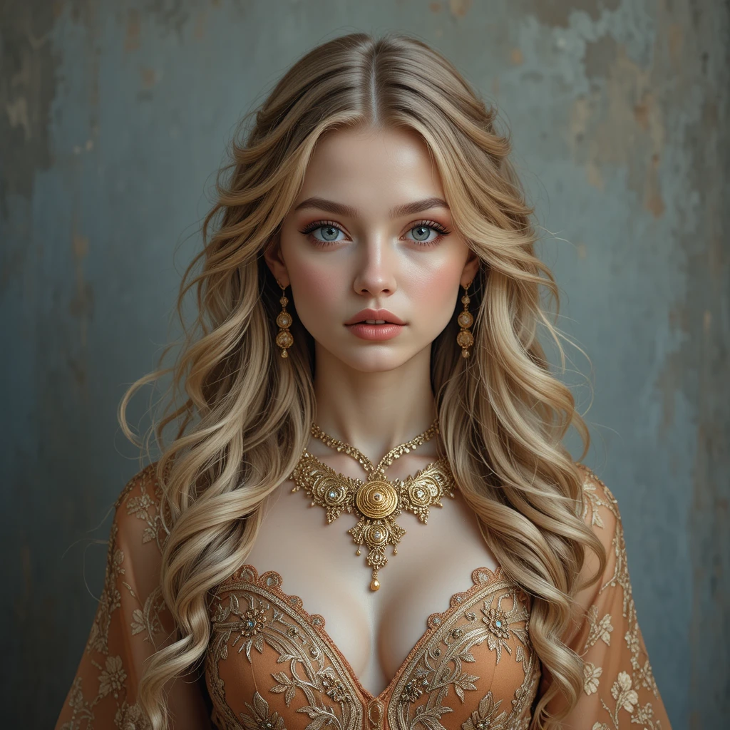 Blonde young woman in gold dress portrait with soft light