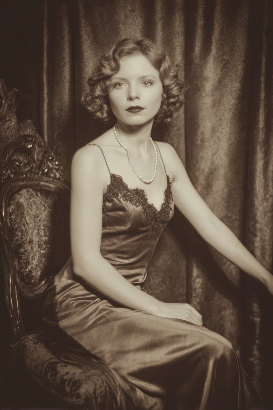 Elegant 1930s woman in satin gown studio portrait
