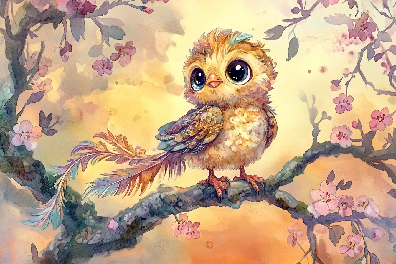 Whimsical baby simurgh perched on a flowering branch