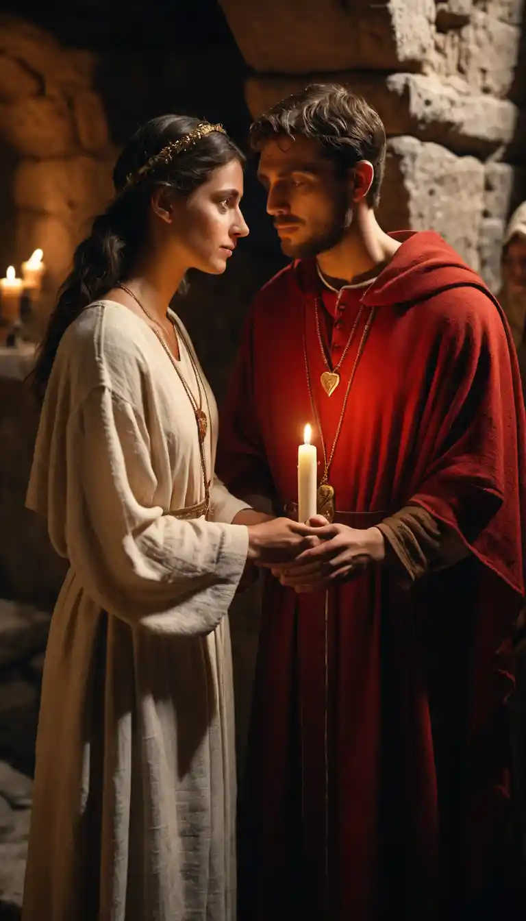 Secret Christian wedding in a candlelit Roman catacomb