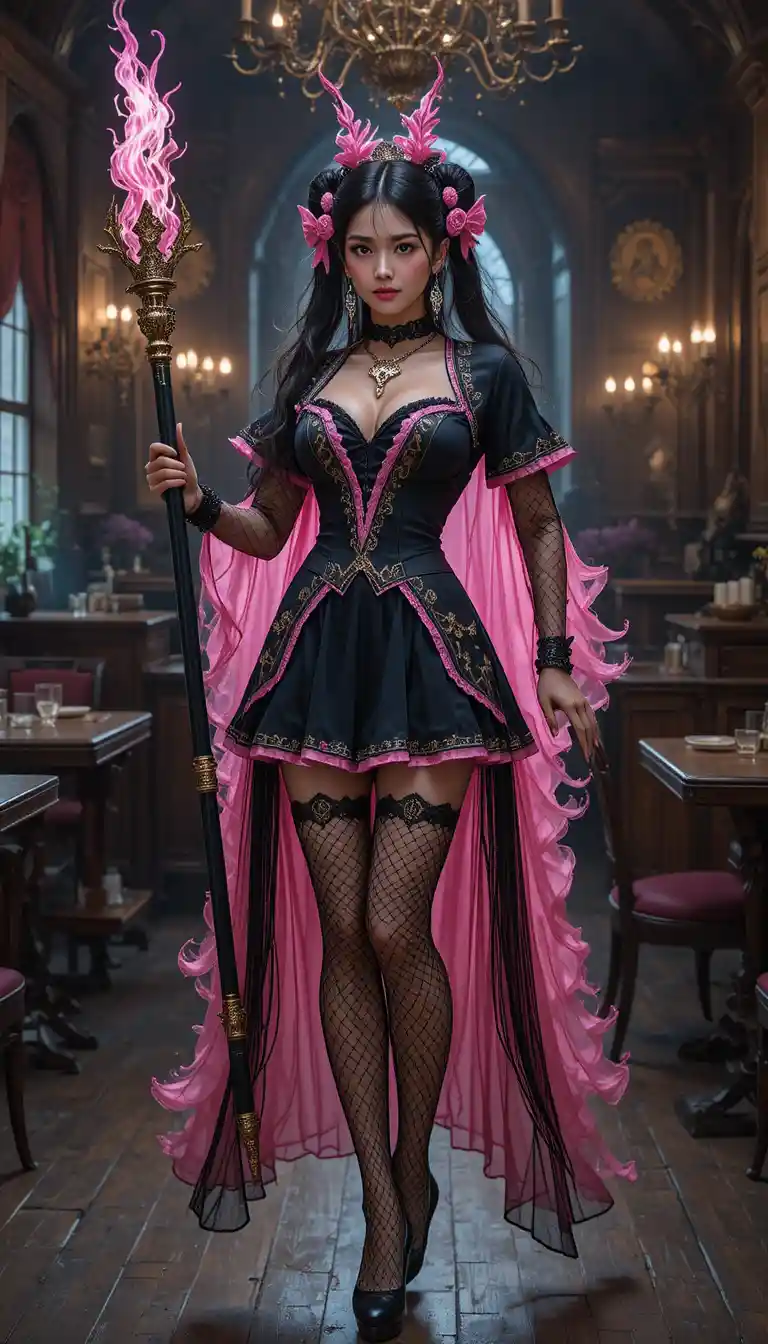 Hechicera coreana con joyería de calaveras lanzando magia de llamas rosas