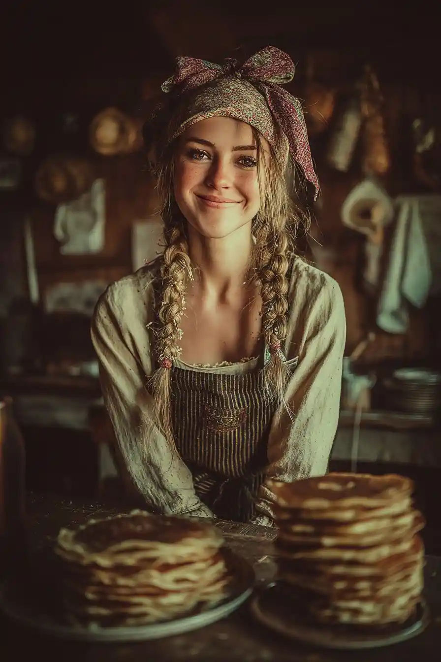 Smiling Slavic woman with braids at rustic crepe table