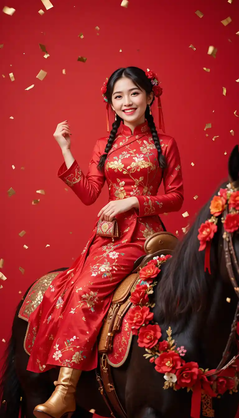 節慶紅色場景中騎著黑馬的年輕女子