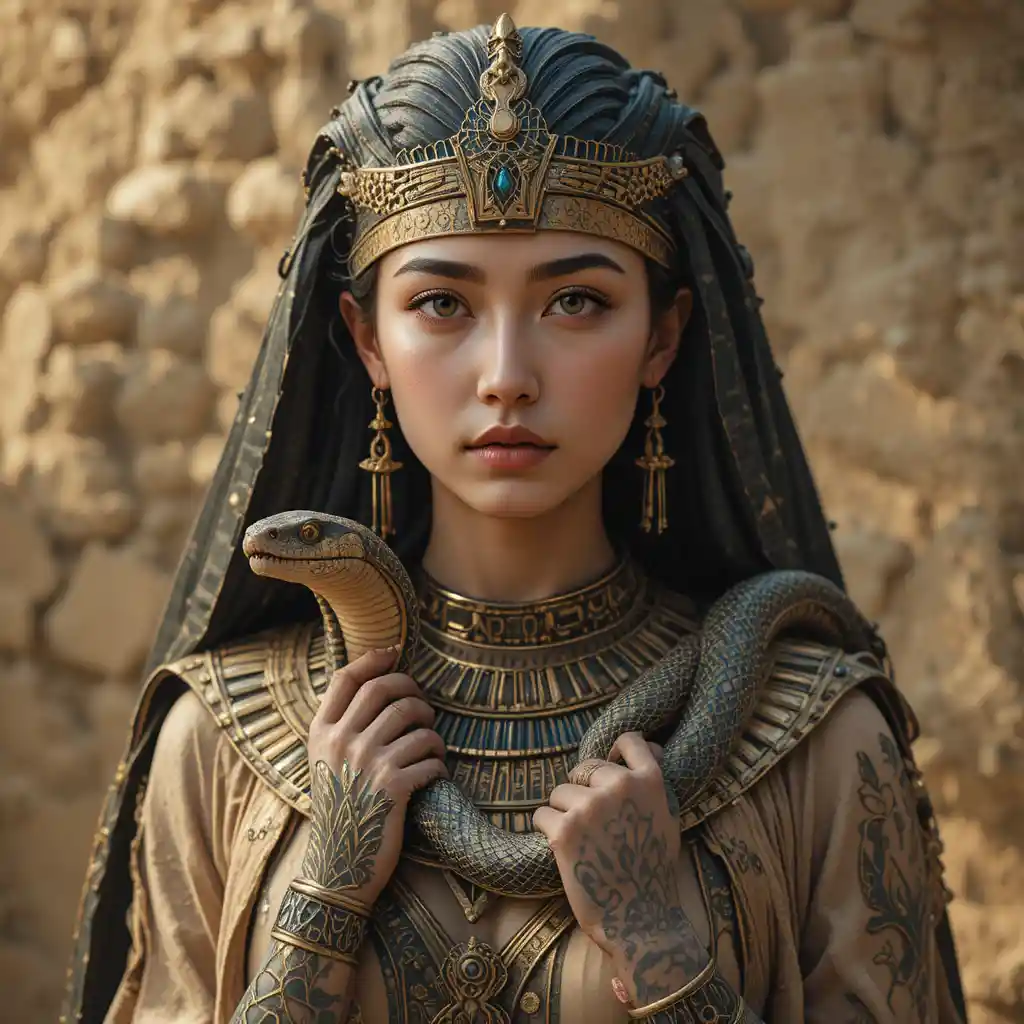 Photorealistic portrait of a fair skinned pharaoh queen with snake