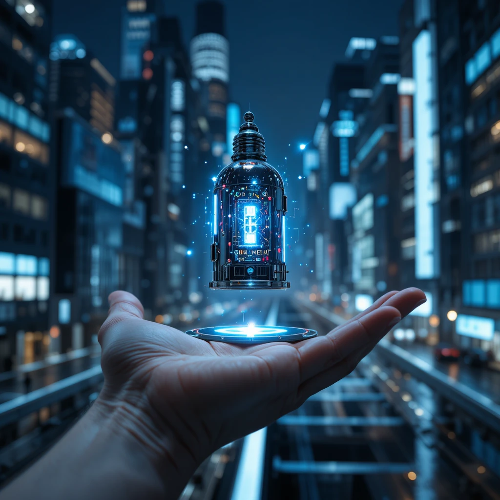 Outstretched hand presenting a glowing futuristic key