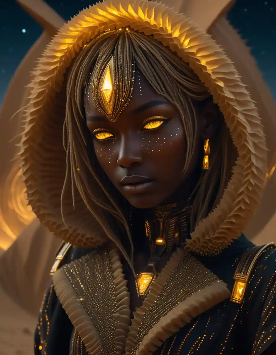 Afrofuturistic empress walking across glowing glass dunes