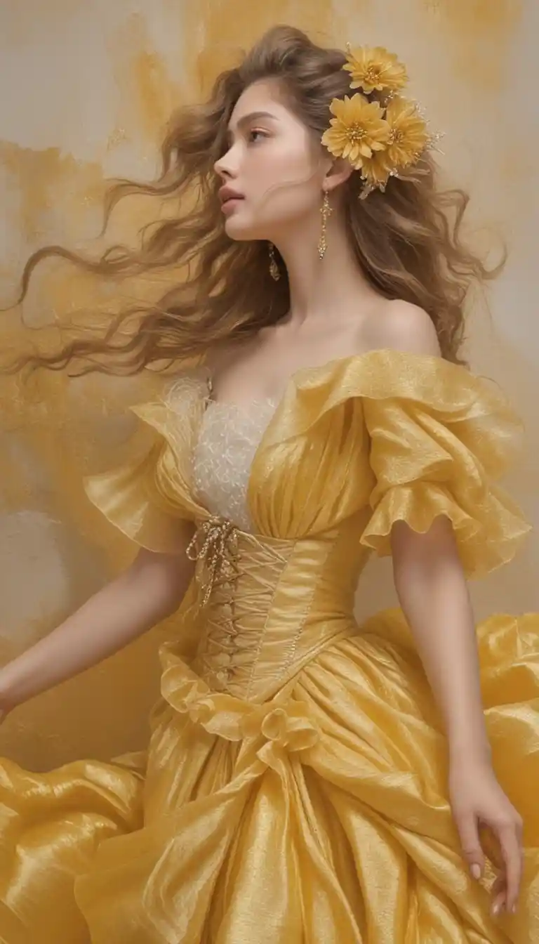 Ethereal Asian woman in golden couture fantasy portrait