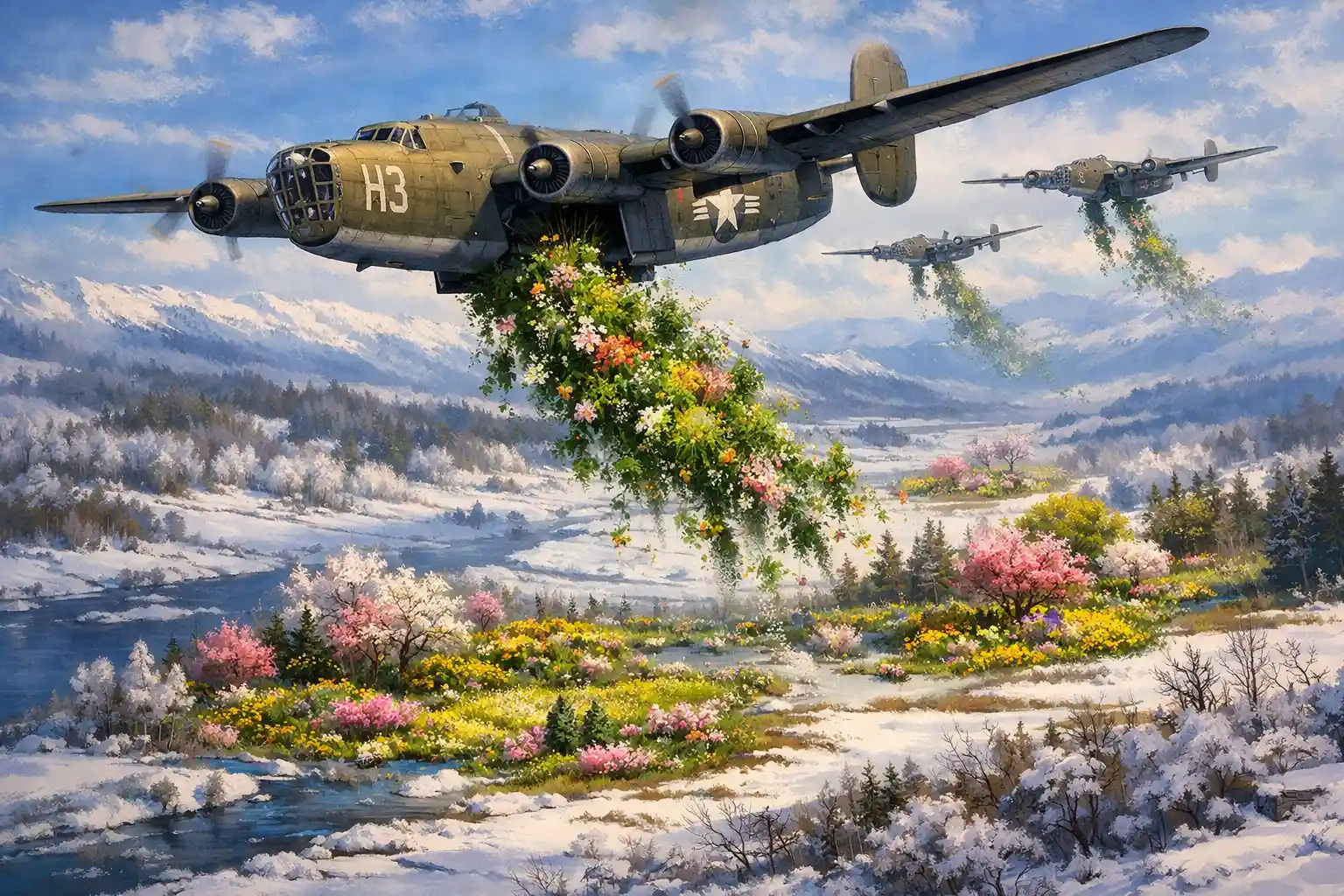 World War II bomber dropping spring over winter fields