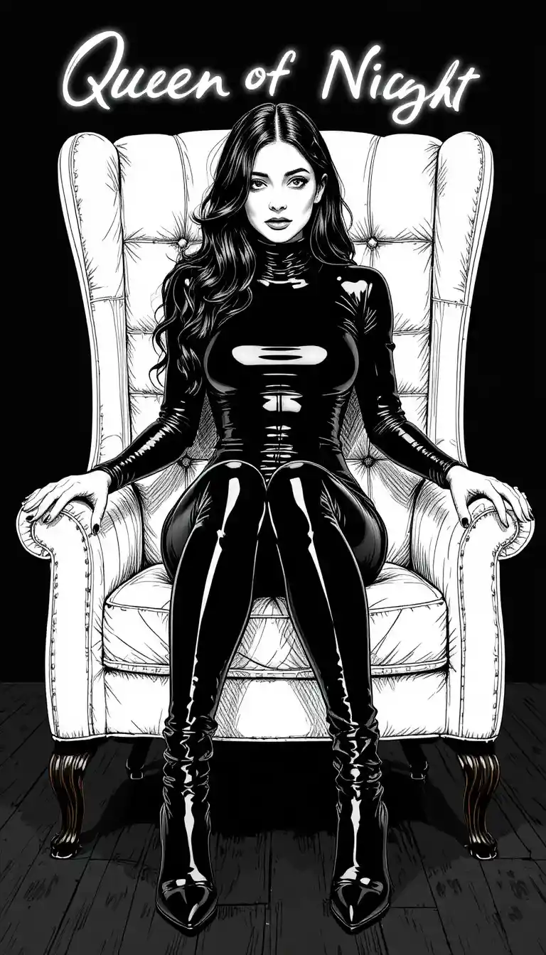 Young woman in latex on white armchair with neon text