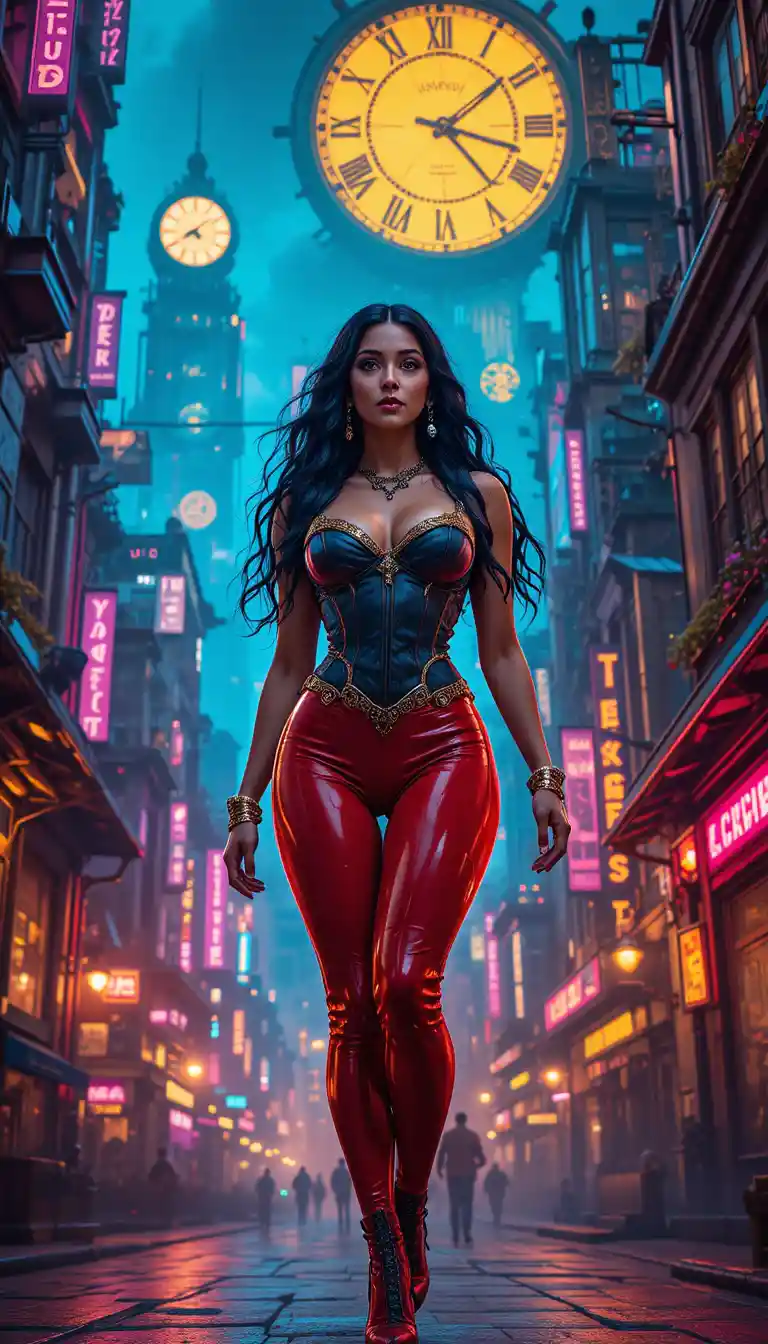 Confident dark haired woman in neon steampunk cityscape