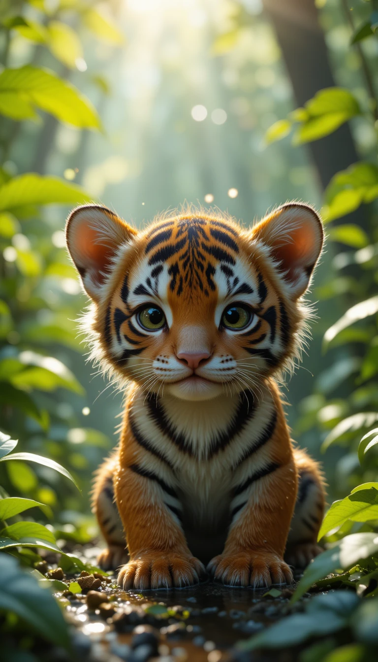 Cucciolo di tigre bagnato che si rilassa nella giungla verde illuminata dal sole