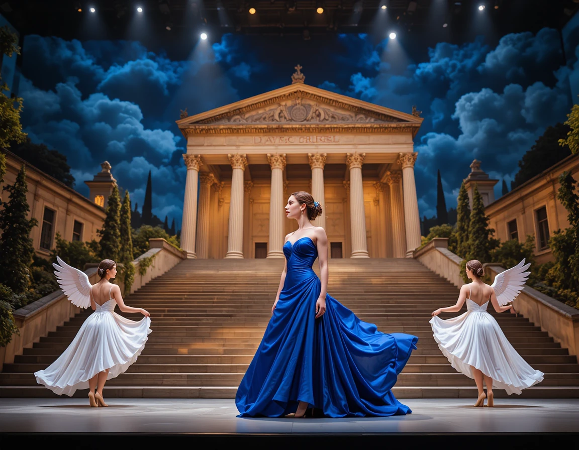 Elegant woman on theater stage with angel dancers