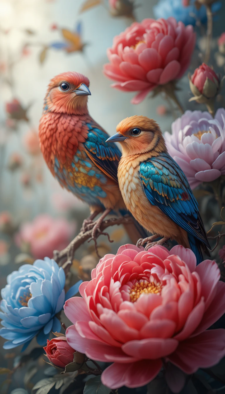 Aves coloridas entre peonías rojas y azules bajo una luz suave