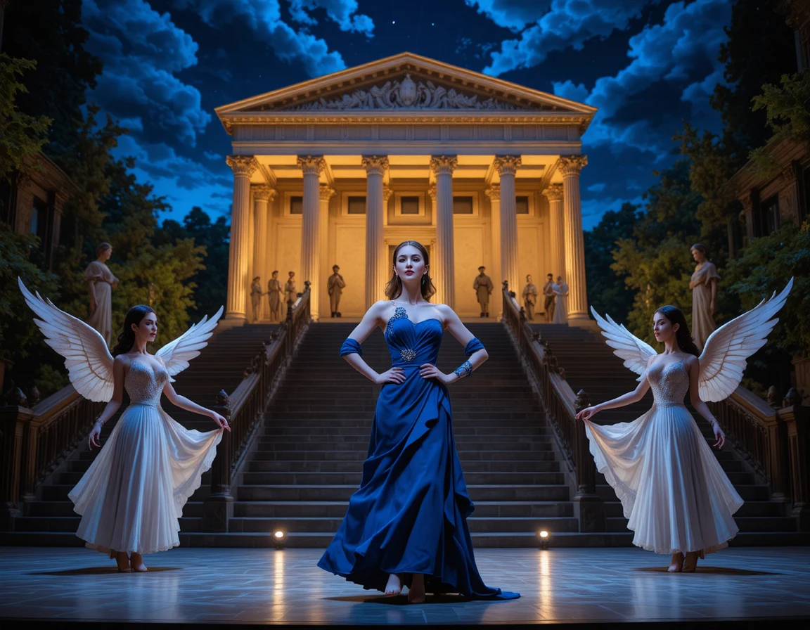 Elegant woman on grand theater stage with angel dancers