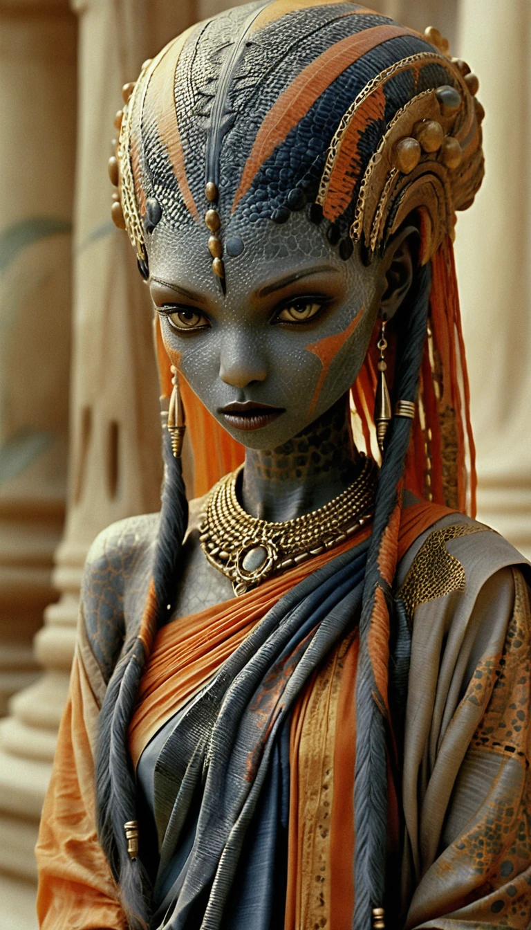 Mujer reptil alienígena en retrato ceremonial sci‑fi tribal