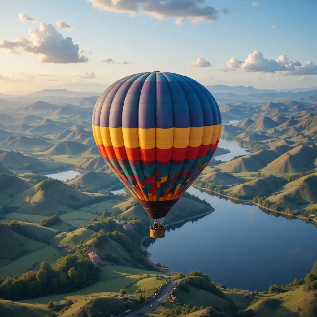 Colorful hot air balloon over hills and tranquil lake