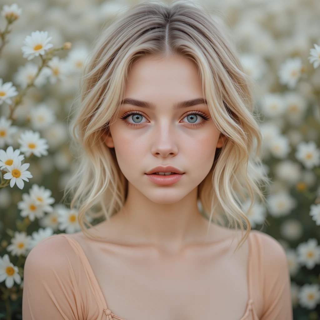 Young blonde woman in soft floral outdoor portrait