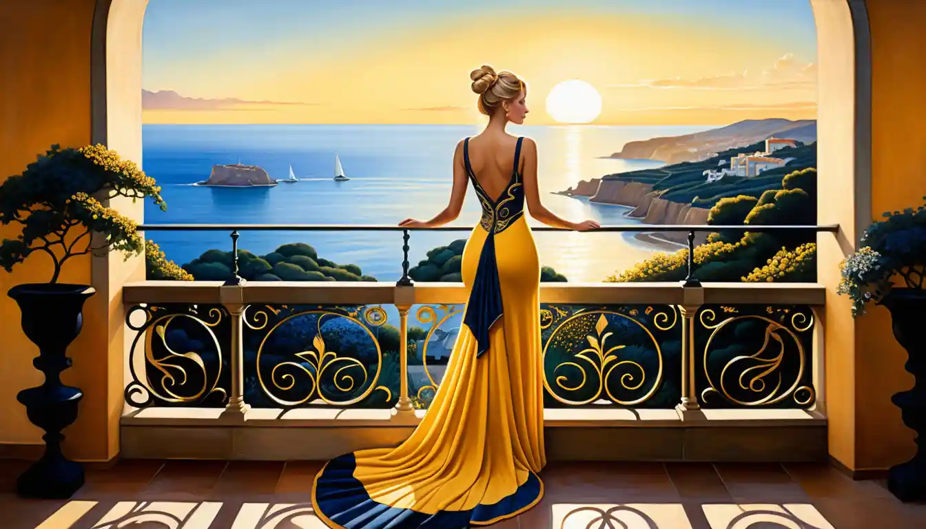 Surreal woman on balcony at sunset overlooking garden and sea