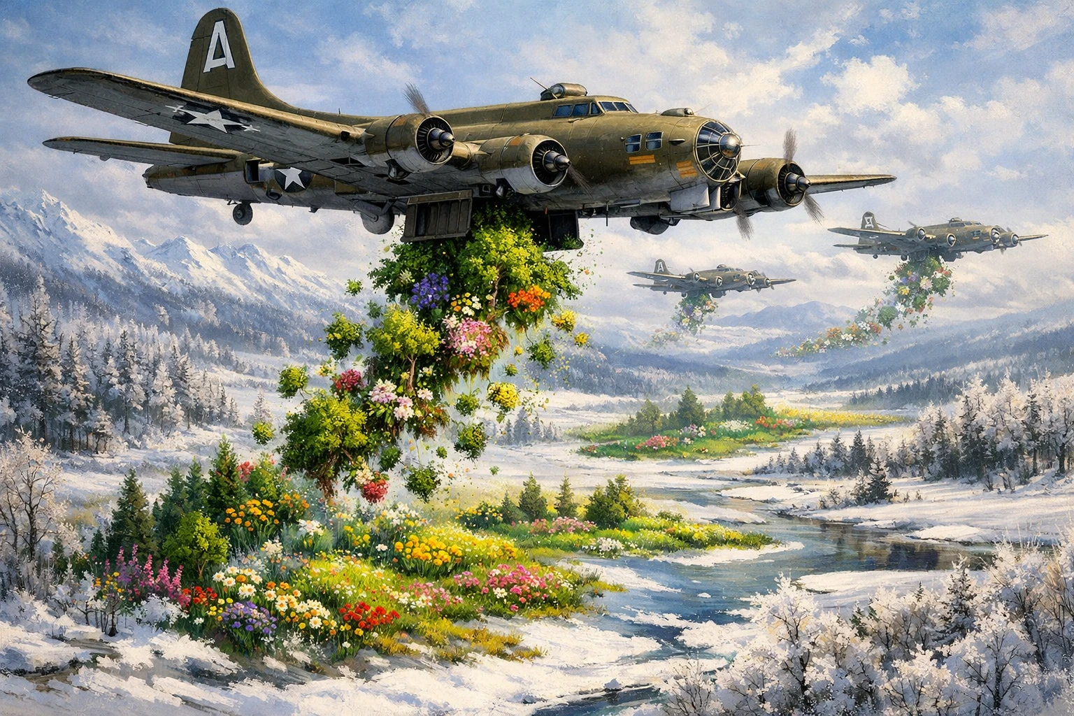 Bombardero de la Segunda Guerra Mundial liberando la primavera sobre campos nevados