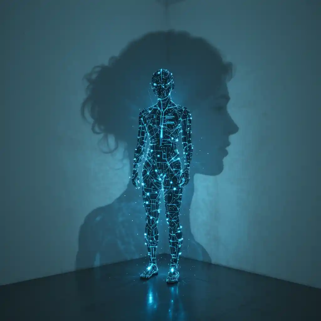 Ombra umana futuristica fatta di circuiti su parete bianca