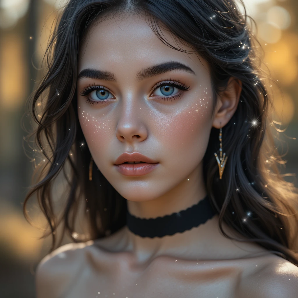 Young woman with blue eyes in dreamy outdoor portrait