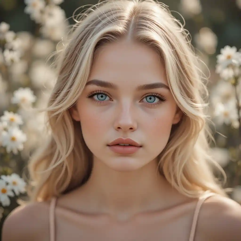 Young blonde woman in a soft floral outdoor close up portrait