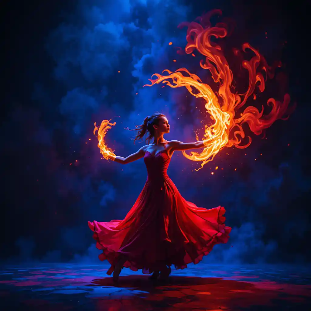 Fire dancer moving through dramatic ruby and cobalt shadows