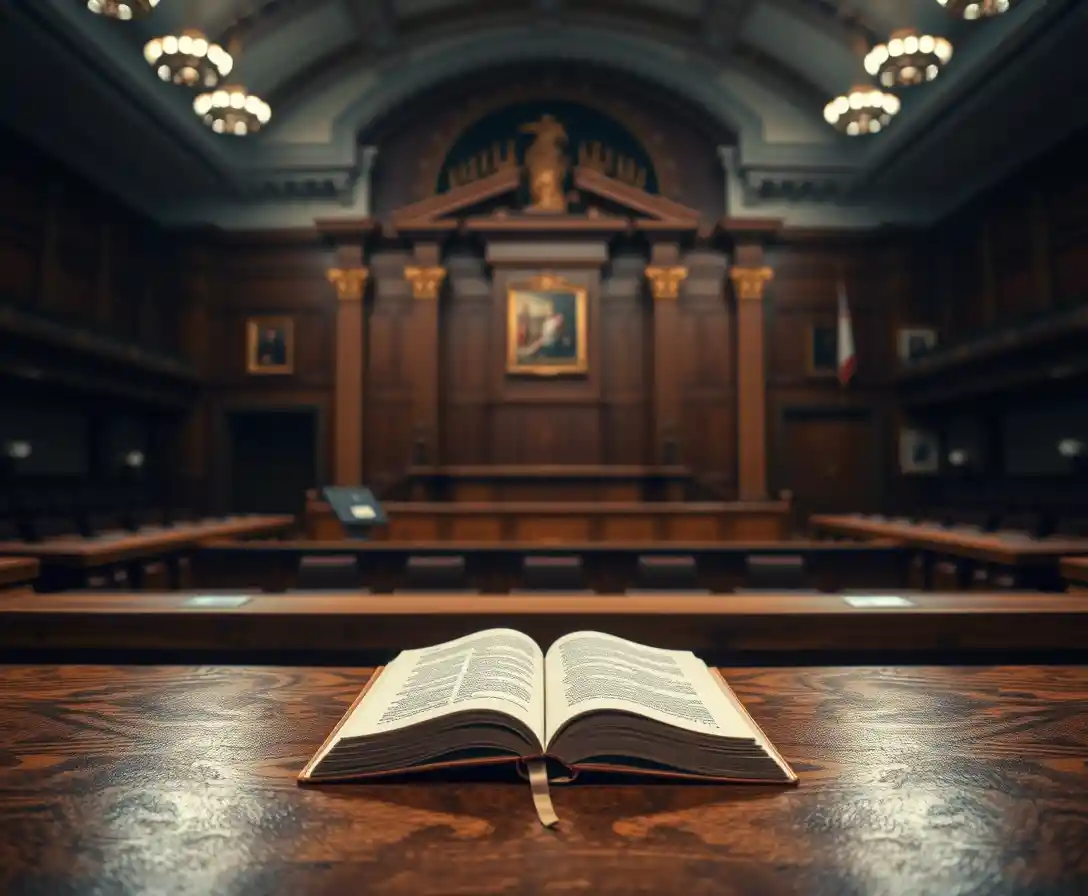 Vereinzelt liegendes Buch auf leerer Richterbank im großen Gerichtssaal
